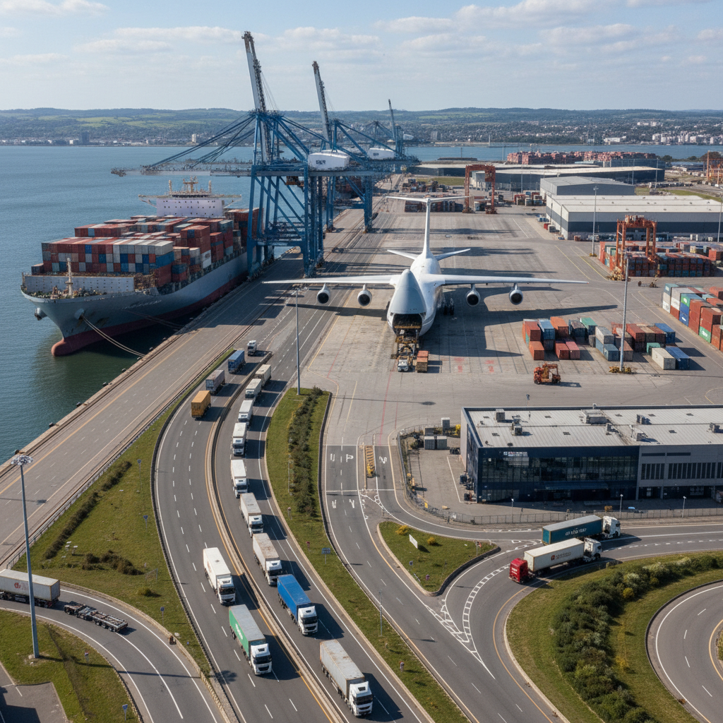 Multimodal cargo operations with container ship, cargo aircraft, and freight lorries